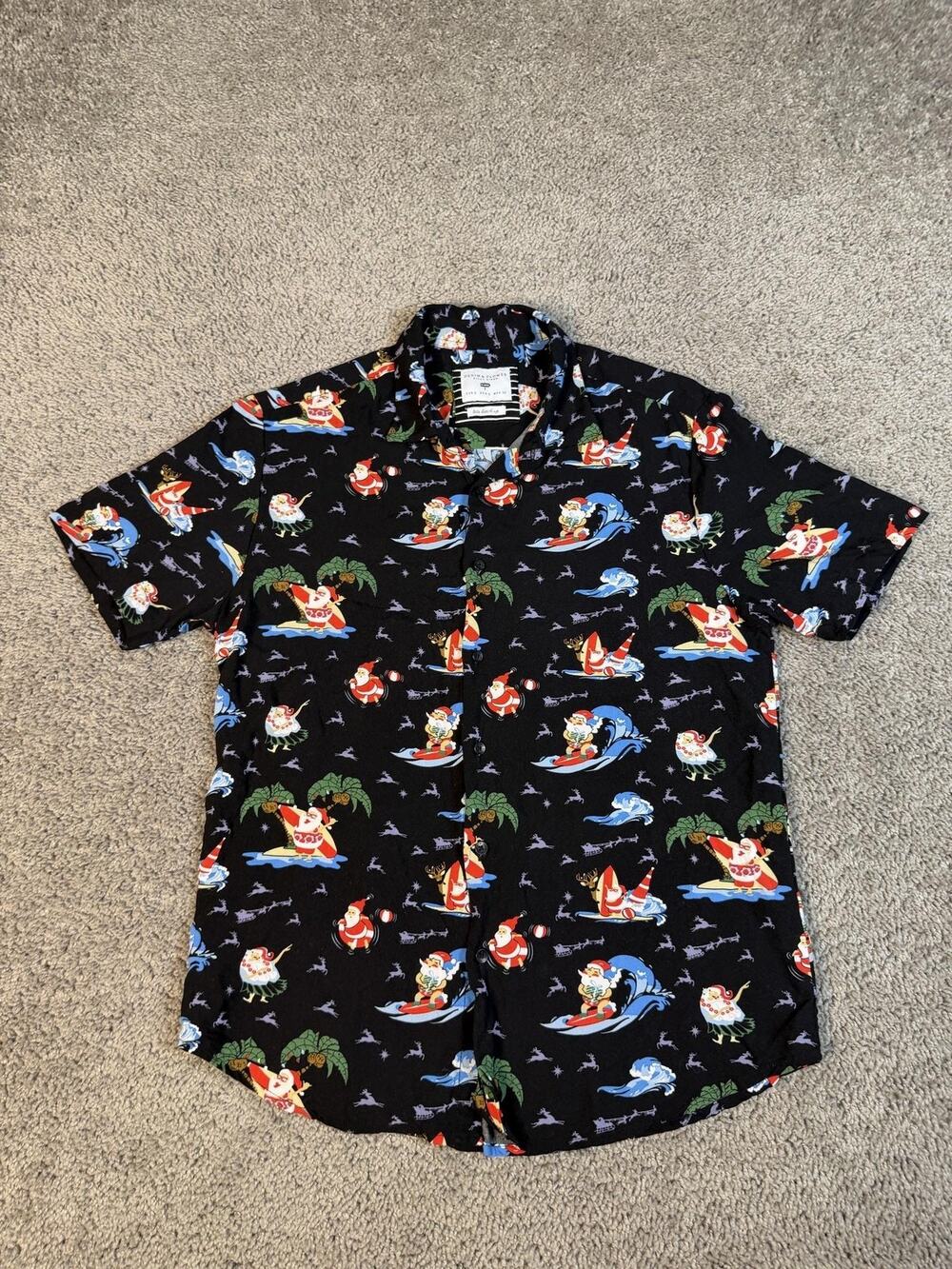 Denim & Flower Shirt Mens S Black Hawaiian Santa Christmas Surf Print